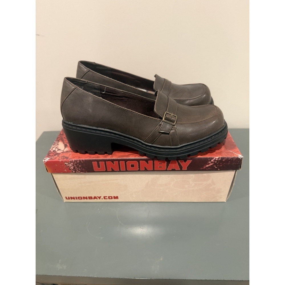 Union Bay DUO_U Brown Faux Leather Chunky Heel Loafer 9W Vintage Y2K 024